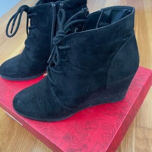 American Rag Black Suede Ankle Boots with Cowboy Chic Wedge Heel, Lace & Zipper